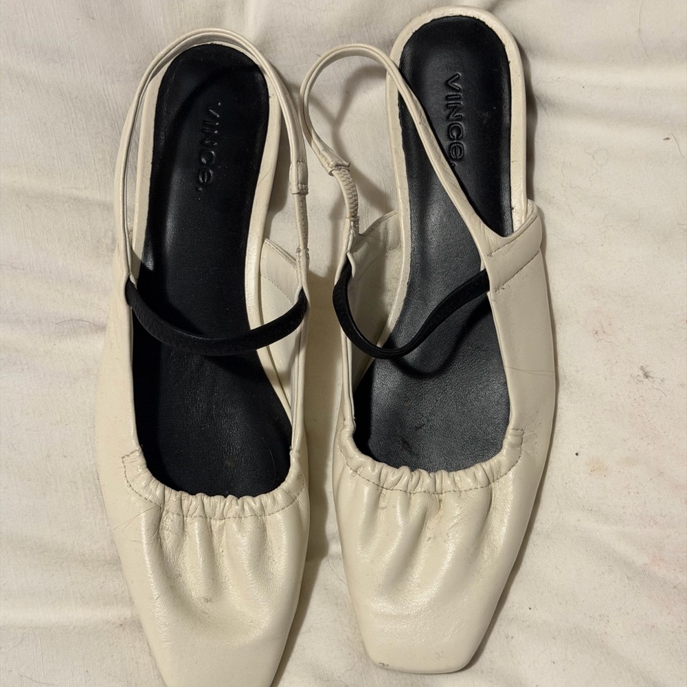 Vince Cream Leather Square-Toe Slingback Flats